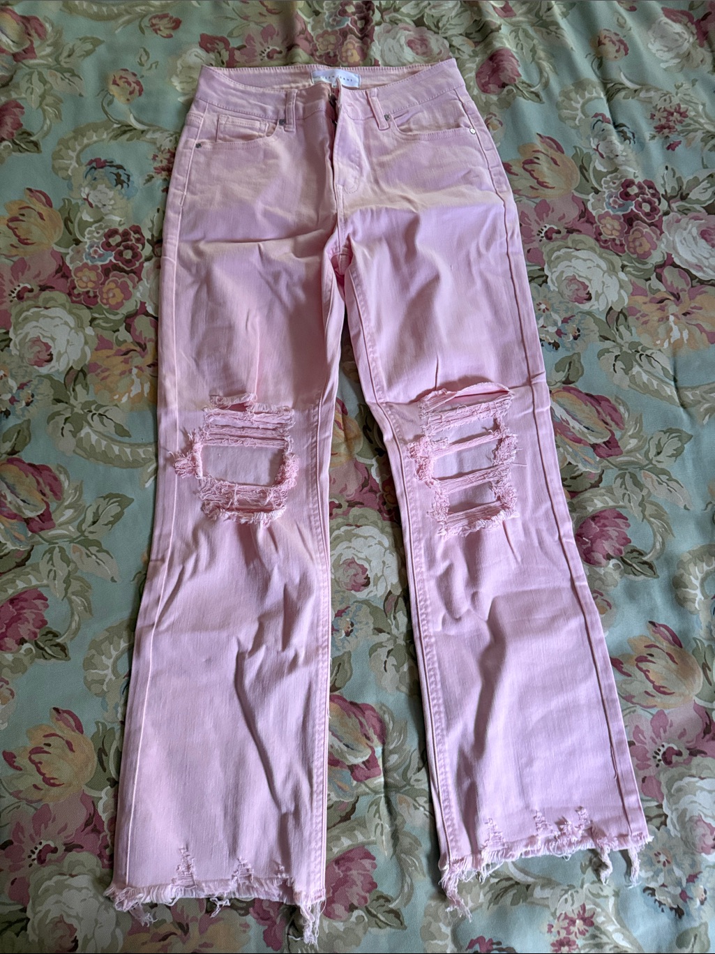 Women's Pink Distressed Wide Leg Jeans